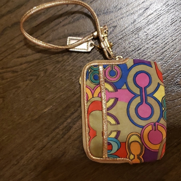 Coach Poppy Multicolor Optic C Satin Zippy Metallic Gold Wallet Wristlet - Picture 4 of 11